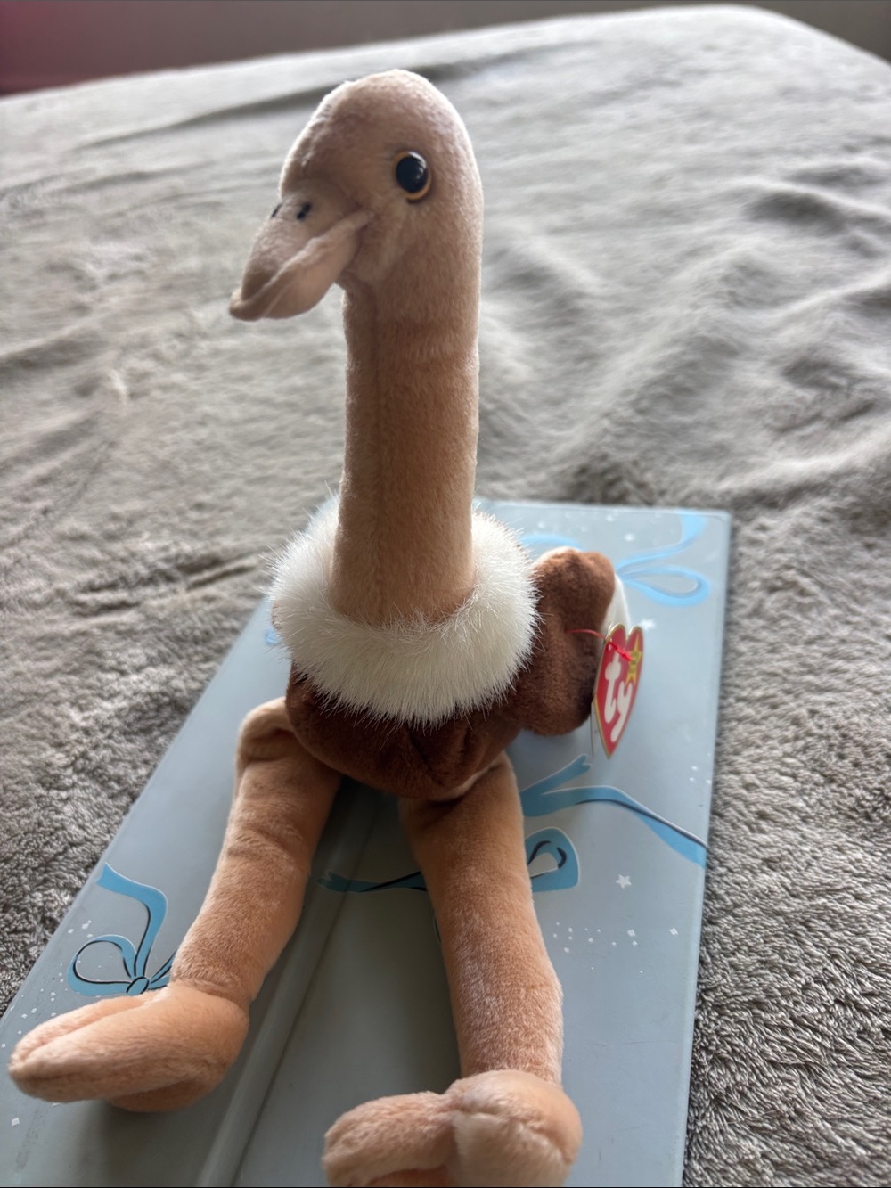 Ty Plush Ostrich named Stretch in Light Brown and Dark Brown with White Collar